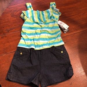 Sequin Hearts Romper Denim Shorts Striped Bodice